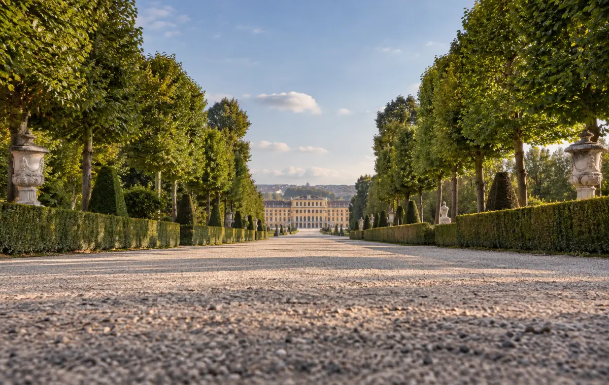 Weiter Gartenweg mit Blick auf Schloss Schönbrunn.