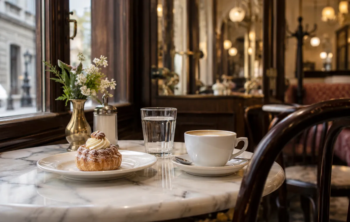 Kaffeetasse und Mehlspeise auf einem Tisch am Fenster eines Wiener Kaffeehauses.
