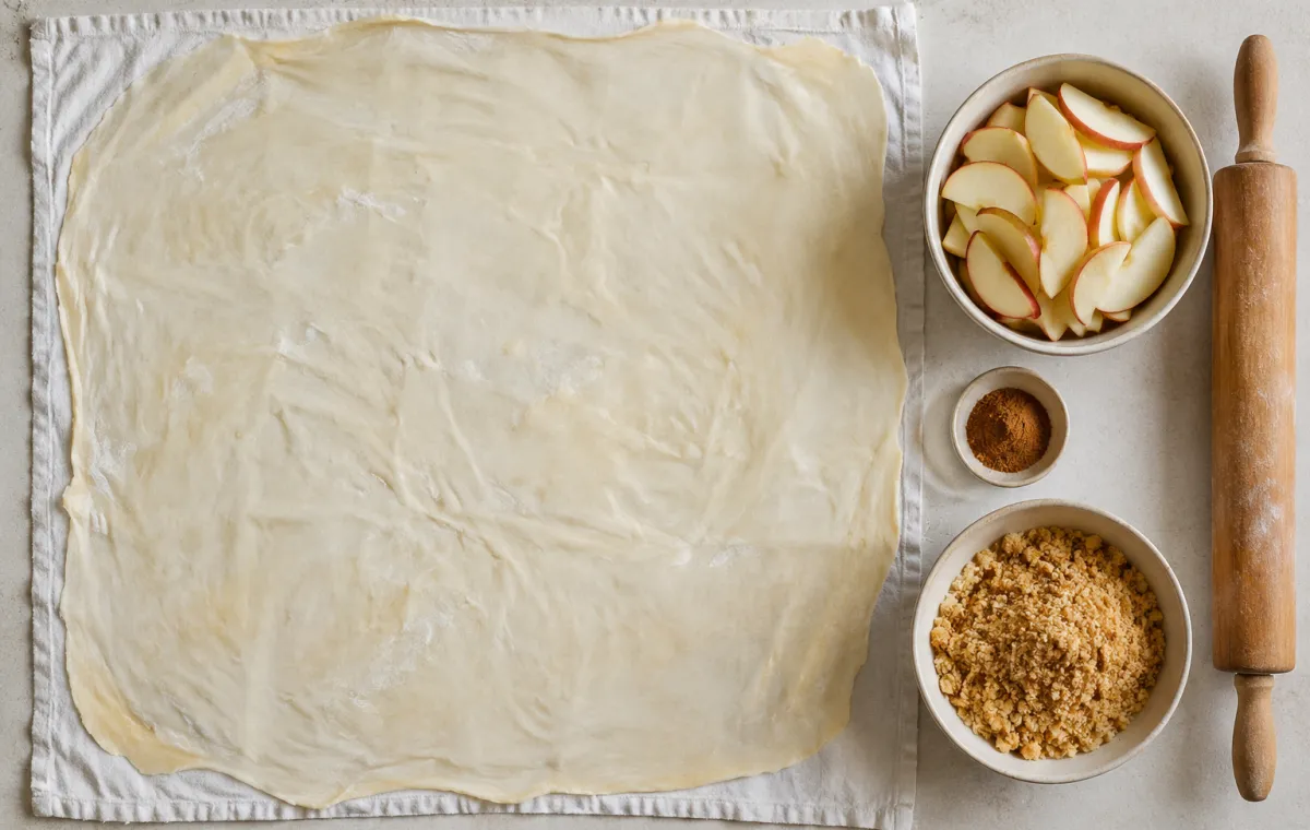 Ausgezogener Strudelteig und vorbereitete Apfelfüllung aus der Vogelperspektive.